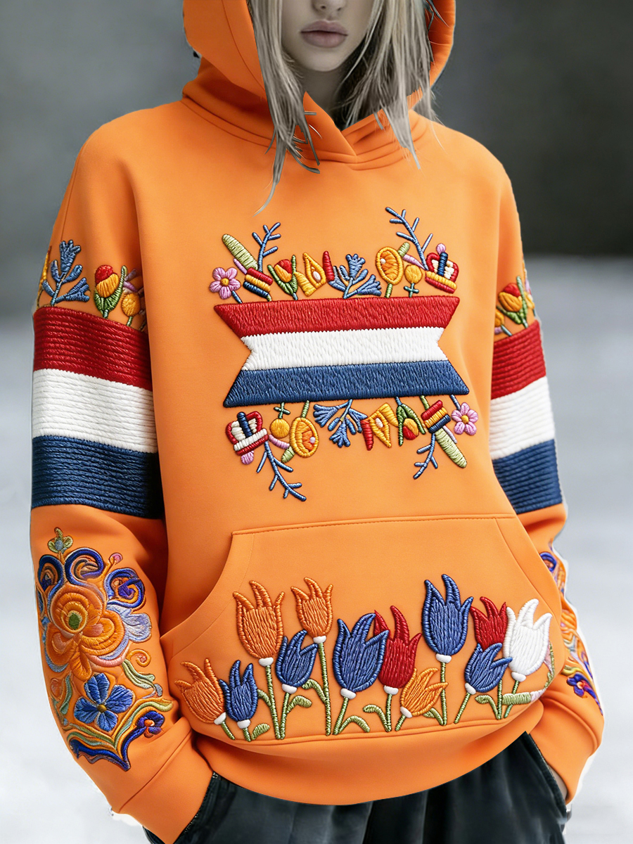 Dames Nederlandse vlag Koningsdag bloemen 3D-print casual sweatshirt met capuchon