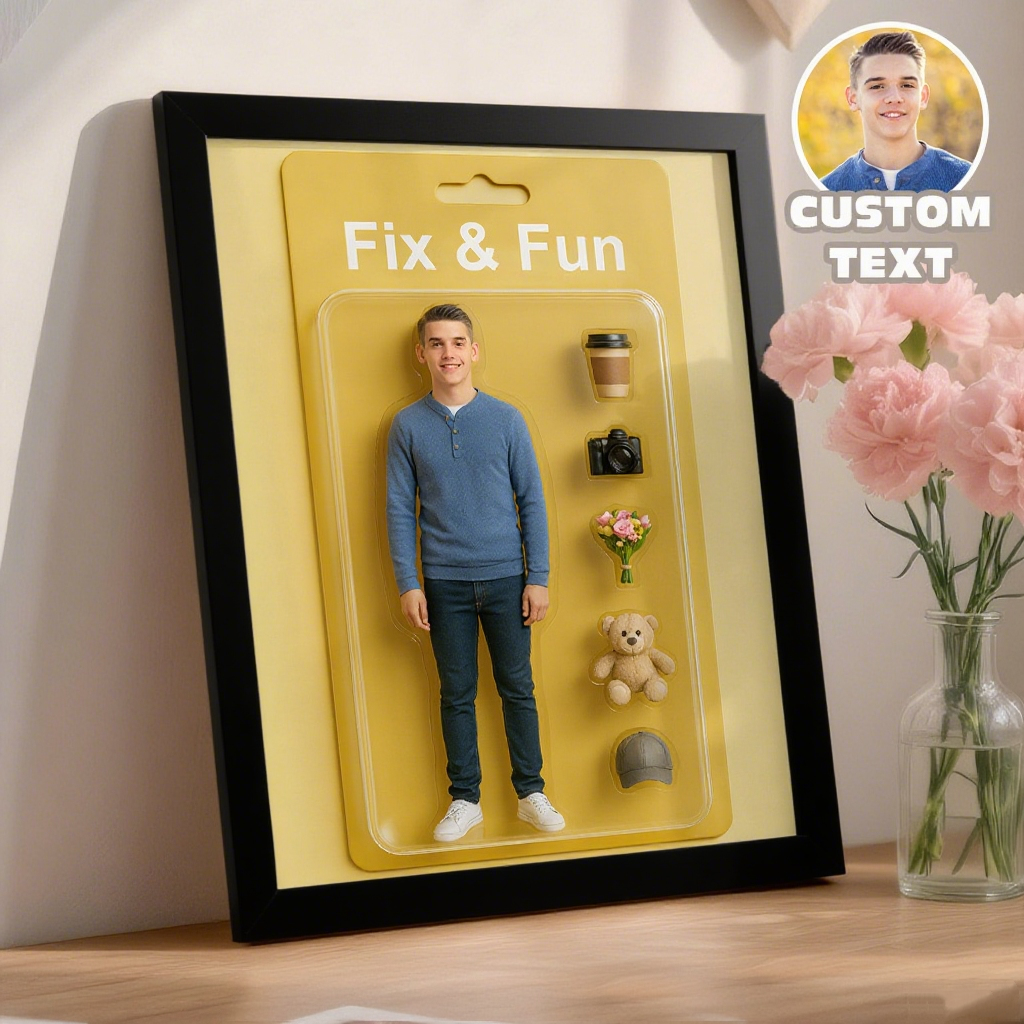 Custom Action Figure Portrait Personalized Flat Printed Photo Art Wooden Frame Gift for Couple Family Birthday Anniversary