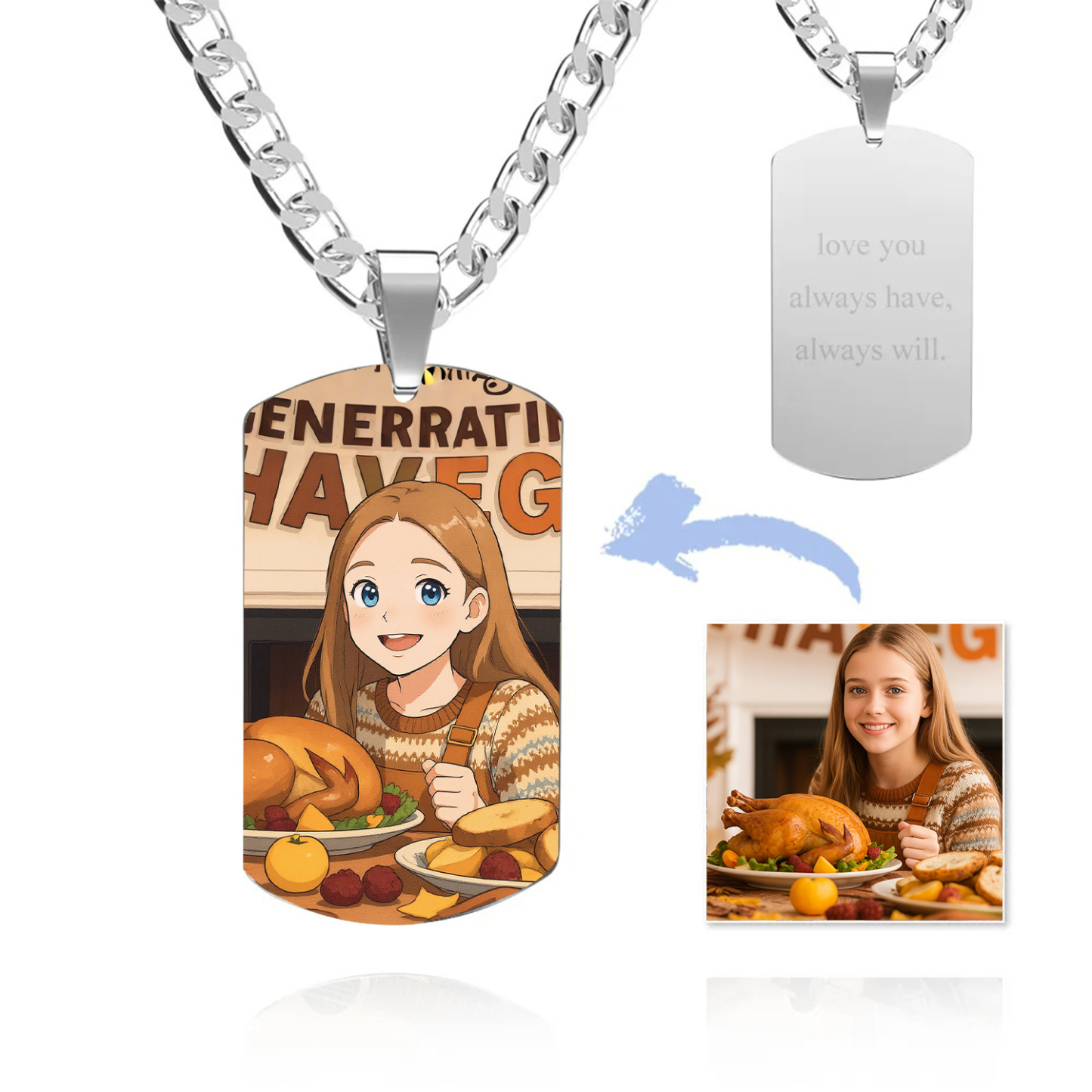 Photo Tag Necklace Gibli Style Personalized Photo Custom Engraving Stainless Steel Necklace for Thanksgiving