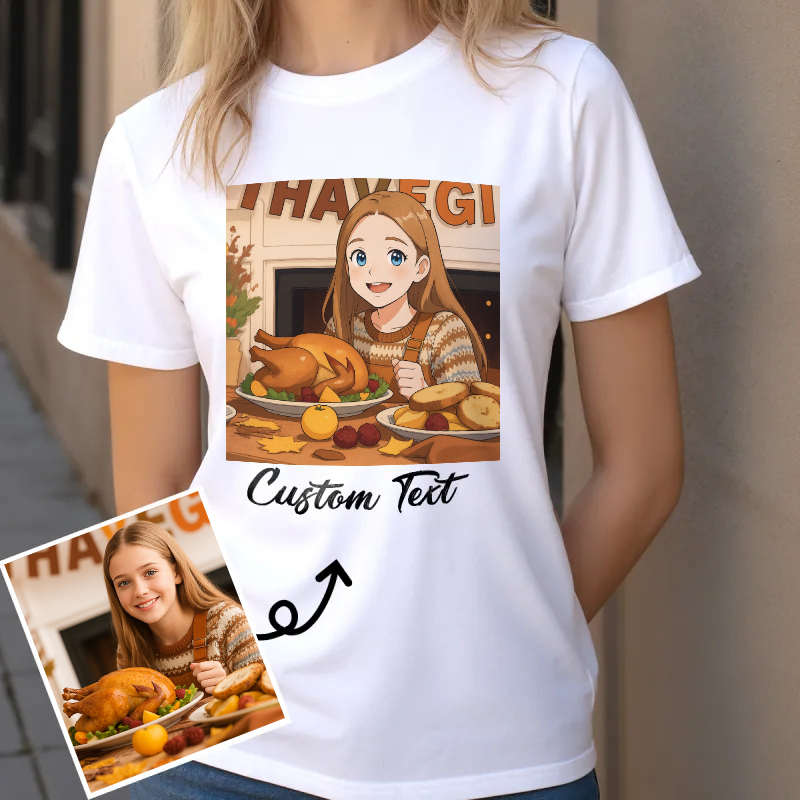 Custom Cartoon Style Photo T-Shirt Personalized Anime Portrait Tshirt with Custom Text Gift for Thanksgiving