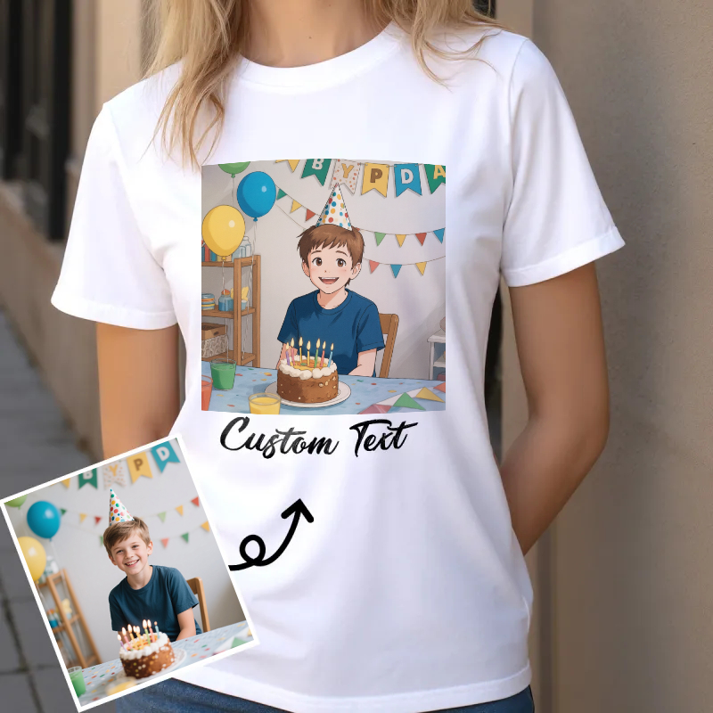 Custom Cartoon Style Photo T-Shirt Personalized Anime Portrait Tshirt with Custom Text Gift for Birthday