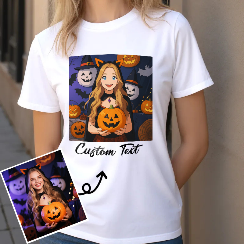 Custom Cartoon Style Photo T-Shirt Personalized Anime Portrait Tshirt with Custom Text Gift for Halloween