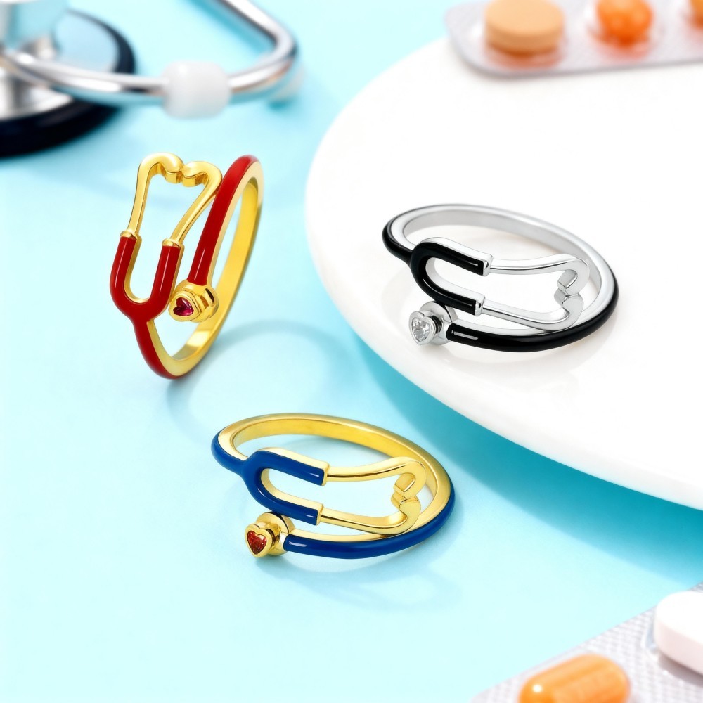 Custom Enamel Stethoscope Ring with Birthstone Personalized Multicolor Nurse Appreciation Gift for Medical Staff & Doctors & Students - aiprintlab