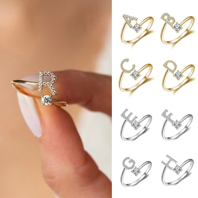 Dainty Initial Ring Adjustable Open Alphabet Letter Ring Cubic Zirconia Personalized Stackable Ring Gold/Silver Plated Women's Jewelry Gift - aiprintlab