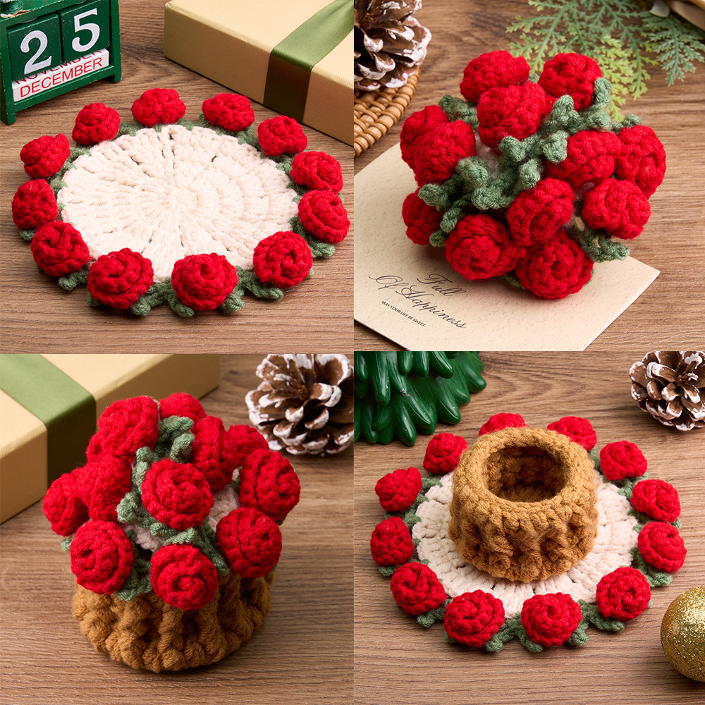 Christmas Gifts Handmade Crochet Rose Bouquet Coaster Set Transformable Floral Coaster & Home Decor Unique Eco-Friendly Gift - aiprintlab