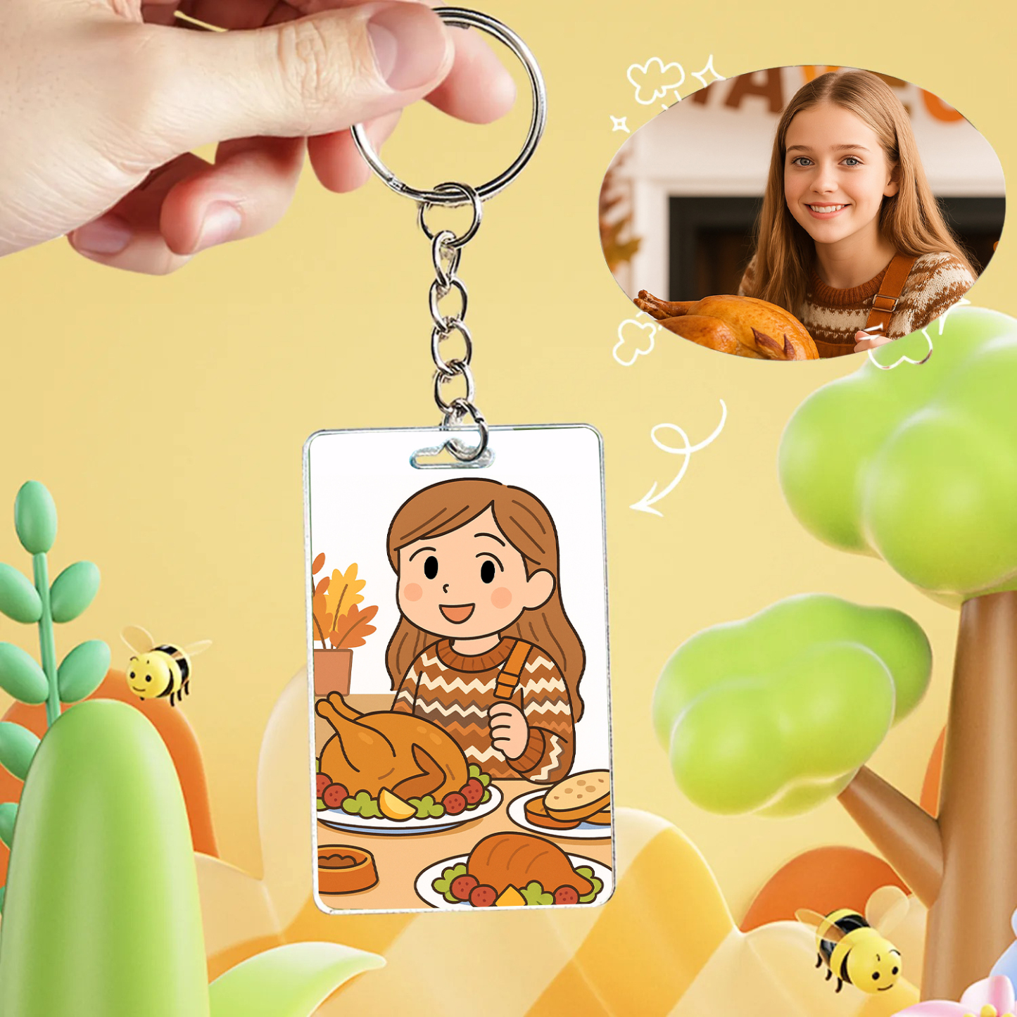 Custom Photo Keychain Personalized Various Cartoon Style Keychains for Thanksgiving