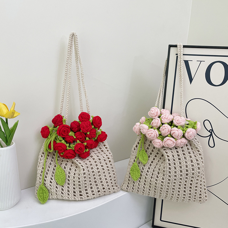 Hand-Crocheted Rose Drawstring Tote Bag Artisan Handmade Boho Crochet Tote Bag with Floral Detail Rose Drawstring Shoulder Bag - aiprintlab