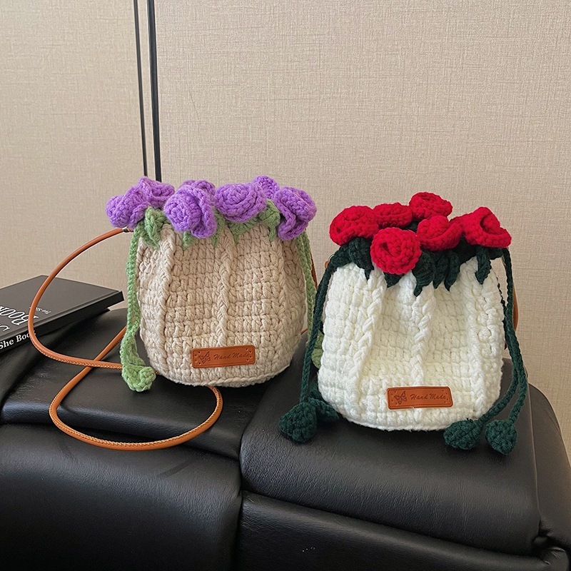 Hand-Knitted Rose Top Mini Shoulder Bag Cute Crocheted Drawstring Purse Floral Crochet Mini Bag Handmade Rose Detail Crossbody Purse - aiprintlab