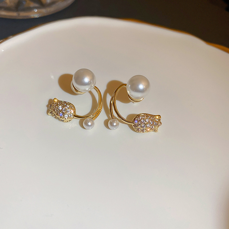 Elegant Tulip Ear Jacket Earrings, Floral Pearl & Rhinestone Studs, Two-Way Flower Ear Cuffs - aiprintlab