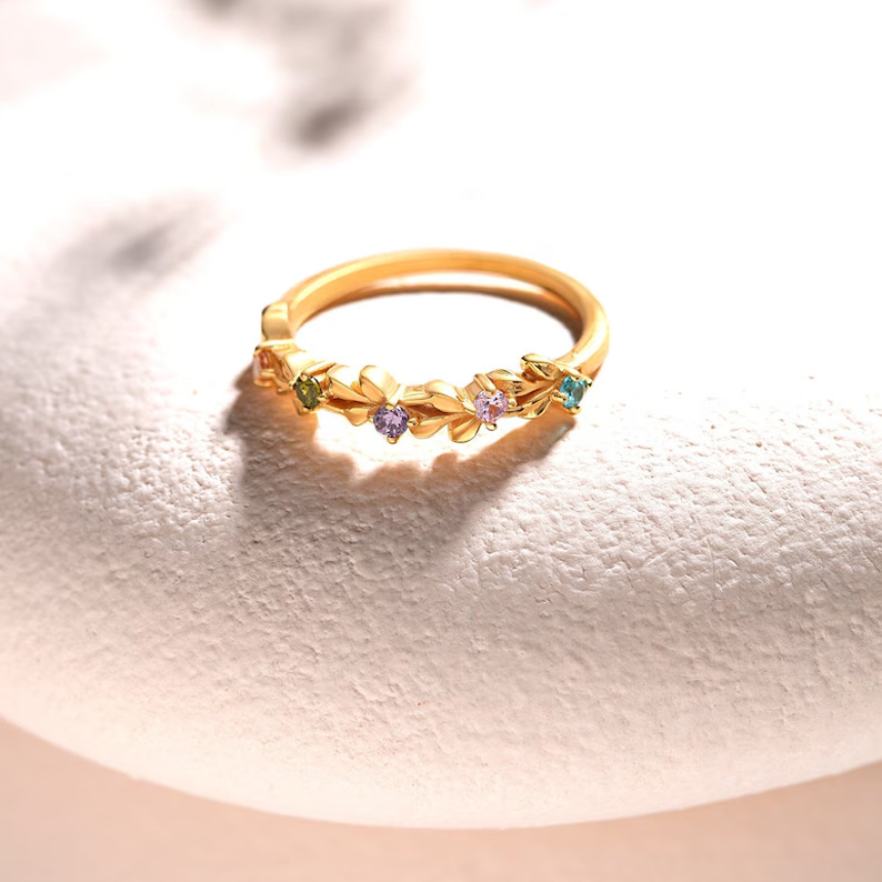 Personalized Mothers Ring With 1 To 5 Birthstones Custom Family Birthstone Ring Personalized Floral Engraved Mother's Day Gifts - aiprintlab