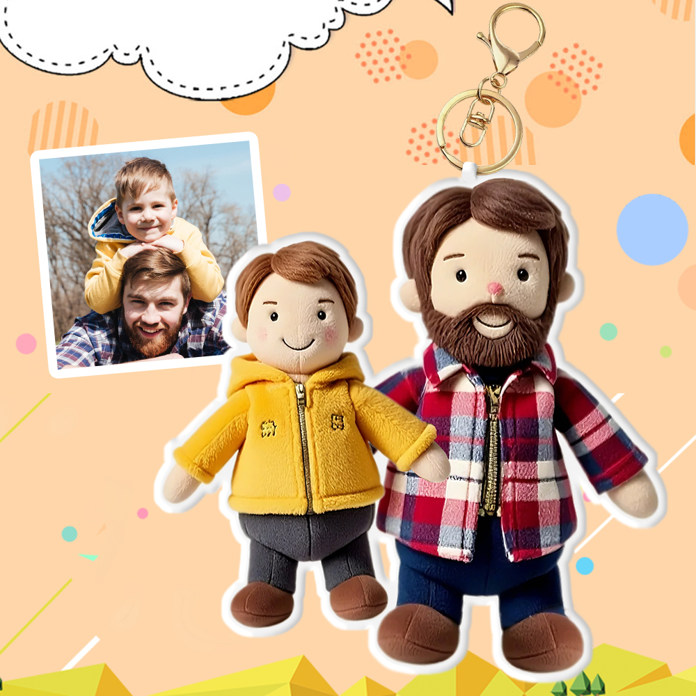 Personalized Photo Bag Charm Plush Doll Keychain Mini Me Plush Keychain Dad and Son