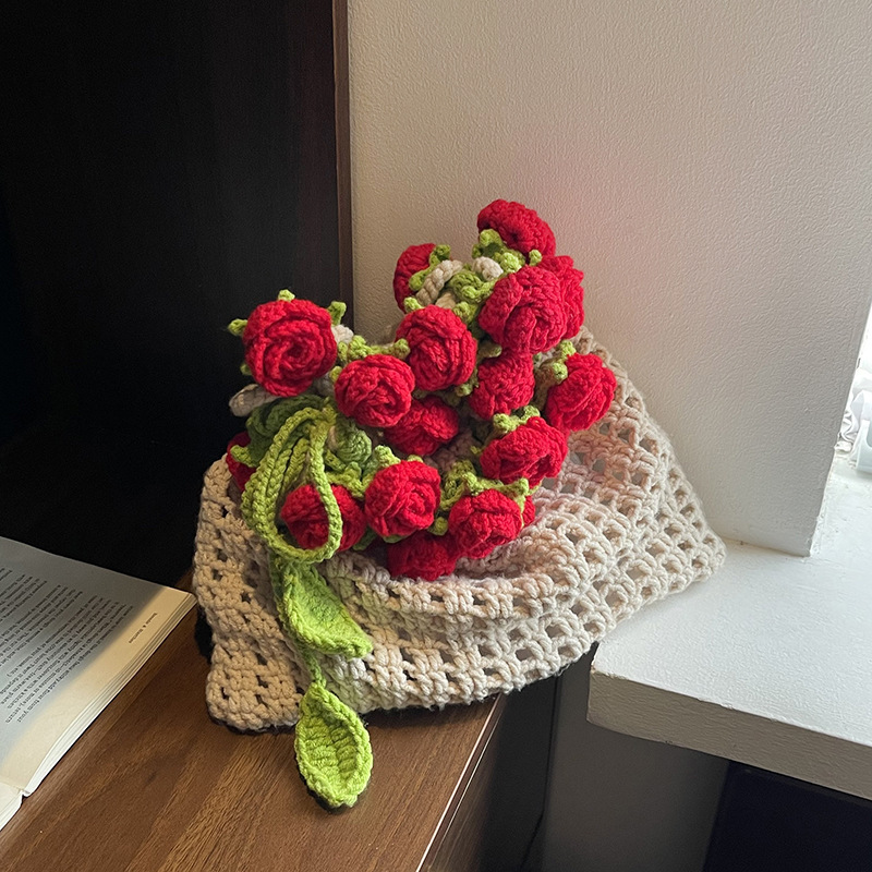 Hand-Crocheted Rose Drawstring Tote Bag Artisan Handmade Boho Crochet Tote Bag with Floral Detail Rose Drawstring Shoulder Bag - aiprintlab