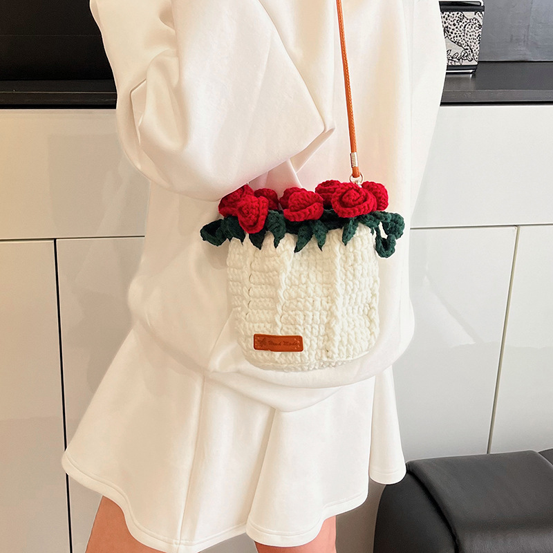 Hand-Knitted Rose Top Mini Shoulder Bag Cute Crocheted Drawstring Purse Floral Crochet Mini Bag Handmade Rose Detail Crossbody Purse - aiprintlab