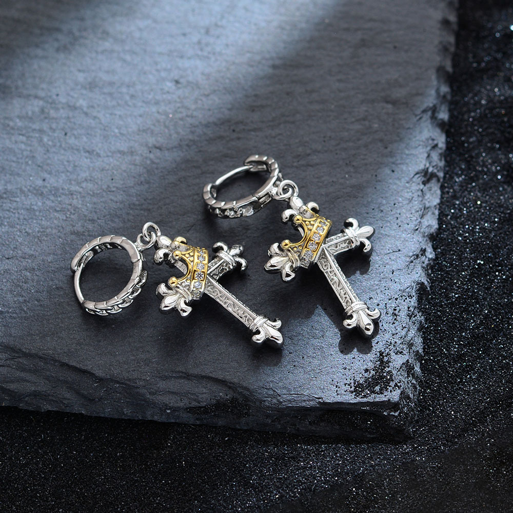 Rotating Crown Cross Dangle Earrings Majestic Cross Drop Earrings Crown Embellished & Rotatable - aiprintlab