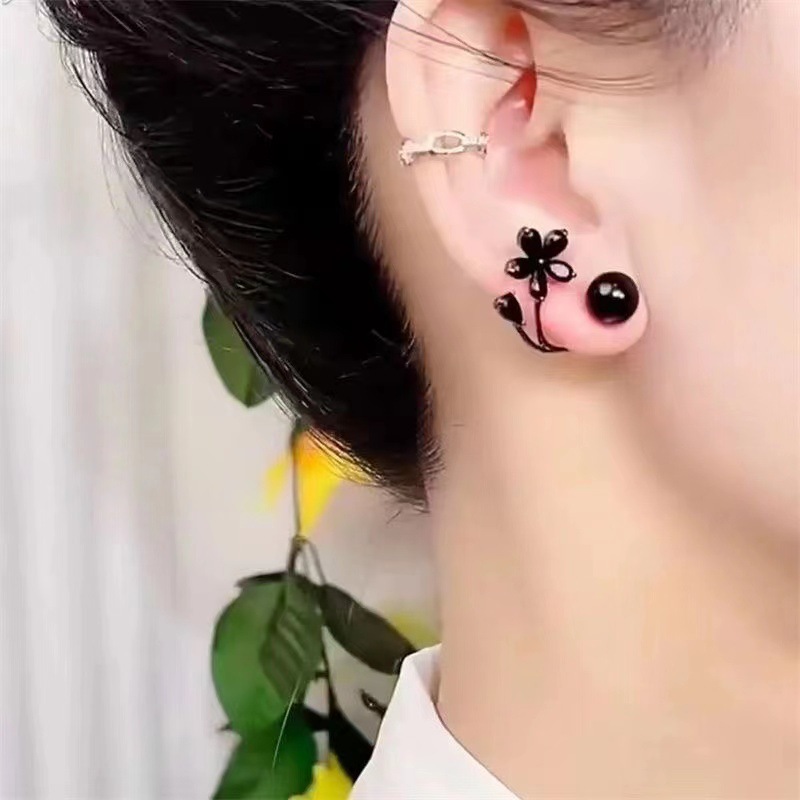 Black Pearl & Flower Ear Jacket Earrings, Modern Floral Stud Earrings Two-Way Floral Earring Jackets, Black Pearl Stud & Crystal Flower Design - aiprintlab