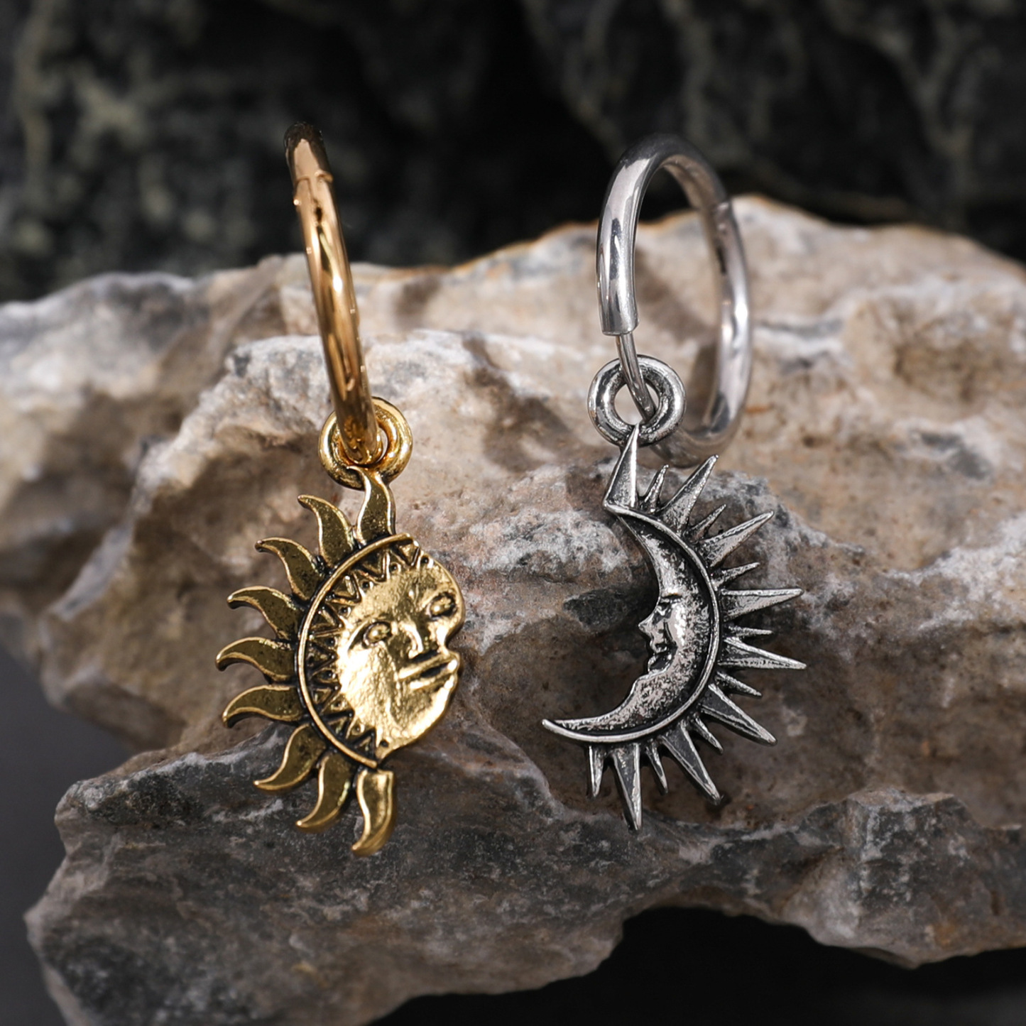 Sun and Moon Celestial Jewelry Set Asymmetrical Hoop Earrings & Matching Necklace for Couples Celestial Jewelry Boho Sun-Moon Necklace - aiprintlab