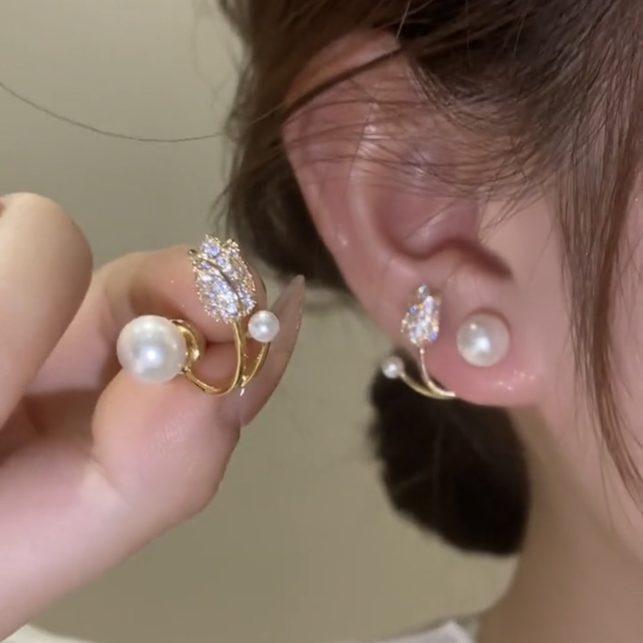 Elegant Tulip Ear Jacket Earrings, Floral Pearl & Rhinestone Studs, Two-Way Flower Ear Cuffs - aiprintlab
