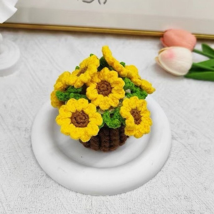 Handmade Crochet Sunflower Coaster Set 2-in-1 Crochet Sunflower Coaster and Bouquet Decorative Gift Practical and Fun Sunflower Coaster Set Multi-Use Home Accessory - aiprintlab