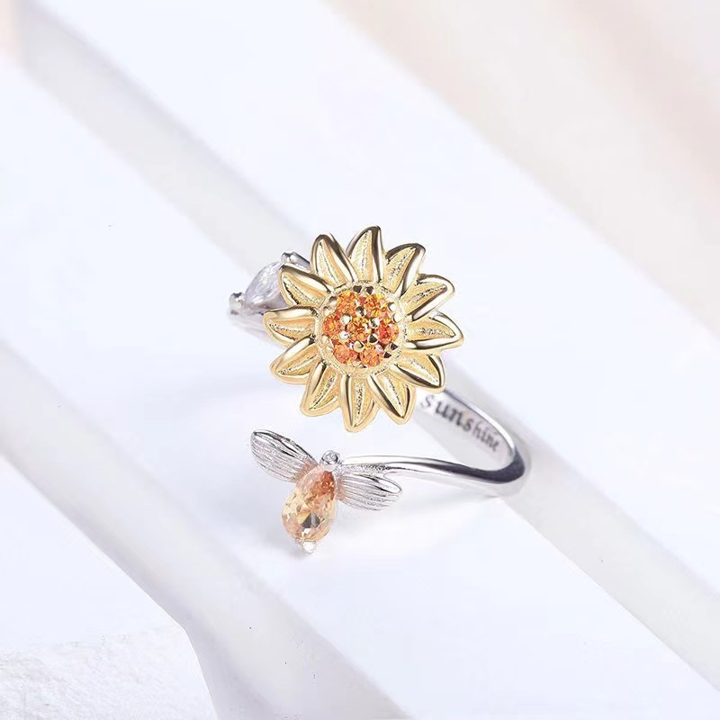 Sunflower Fidget Ring Custom Anxiety Relief Spinning Ring Personalized Message Band Spinner Ring Gift for Her - aiprintlab
