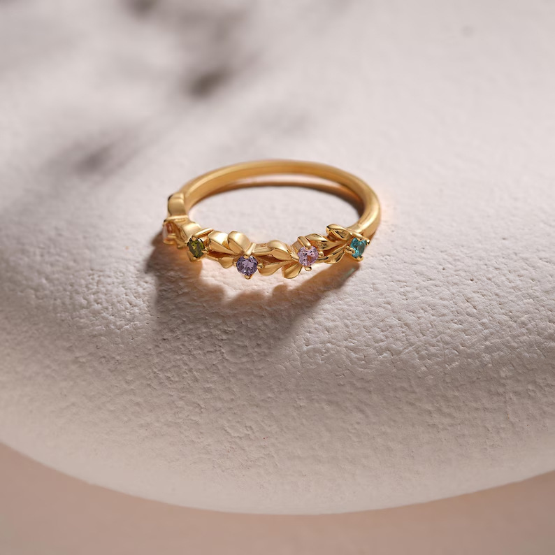 Personalized Mothers Ring With 1 To 5 Birthstones Custom Family Birthstone Ring Personalized Floral Engraved Mother's Day Gifts - aiprintlab