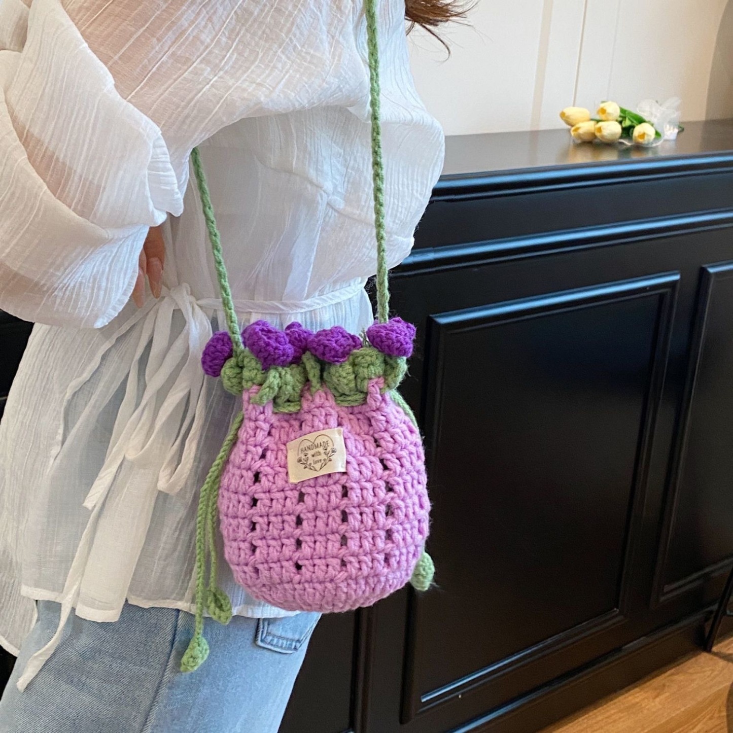 Hand-Knitted Rose Design Mini Bucket Bag Crocheted Flower Drawstring Bag Cute Crocheted Rose Bucket Bag - aiprintlab