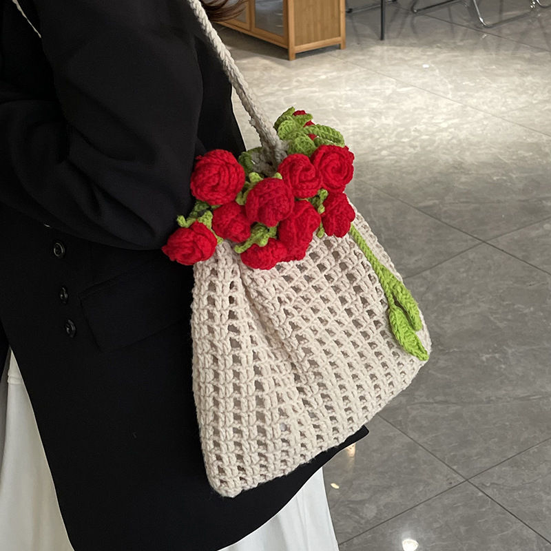 Hand-Crocheted Rose Drawstring Tote Bag Artisan Handmade Boho Crochet Tote Bag with Floral Detail Rose Drawstring Shoulder Bag - aiprintlab