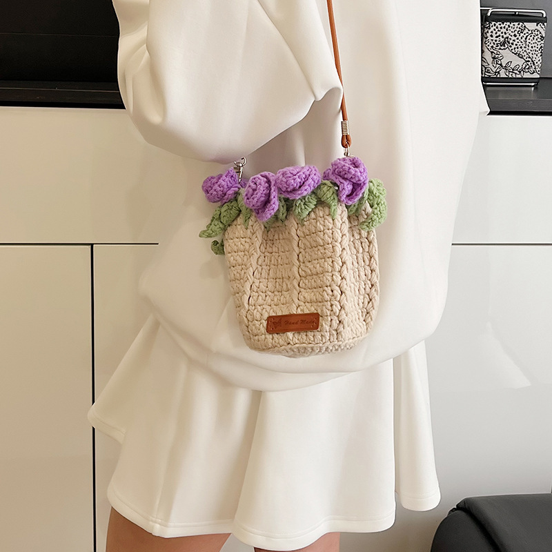 Hand-Knitted Rose Top Mini Shoulder Bag Cute Crocheted Drawstring Purse Floral Crochet Mini Bag Handmade Rose Detail Crossbody Purse - aiprintlab
