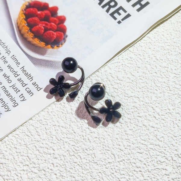 Black Pearl & Flower Ear Jacket Earrings, Modern Floral Stud Earrings Two-Way Floral Earring Jackets, Black Pearl Stud & Crystal Flower Design - aiprintlab