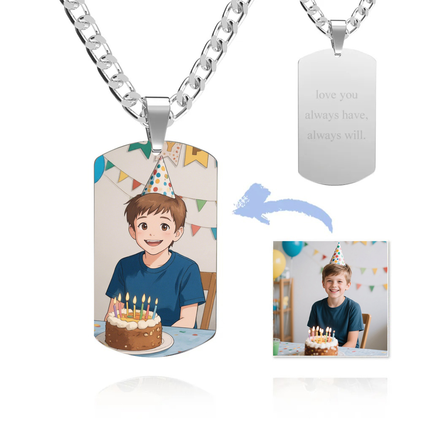 Photo Tag Necklace Gibli Style Personalized Photo Custom Engraving Stainless Steel Necklace for Birthday