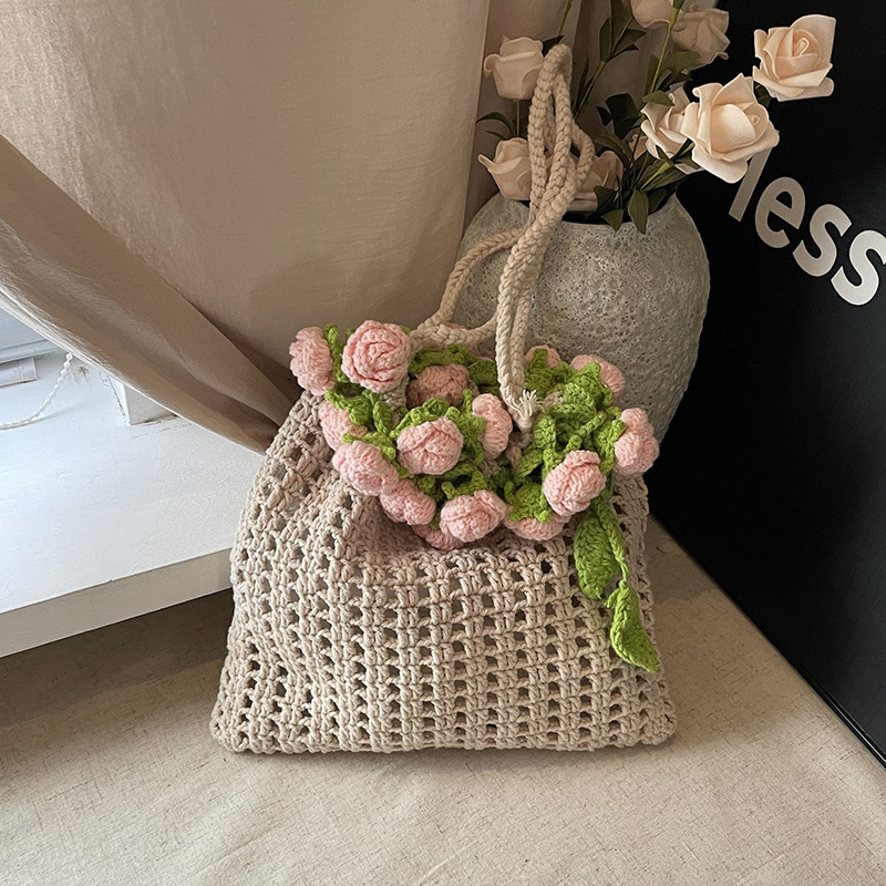 Hand-Crocheted Rose Drawstring Tote Bag Artisan Handmade Boho Crochet Tote Bag with Floral Detail Rose Drawstring Shoulder Bag - aiprintlab