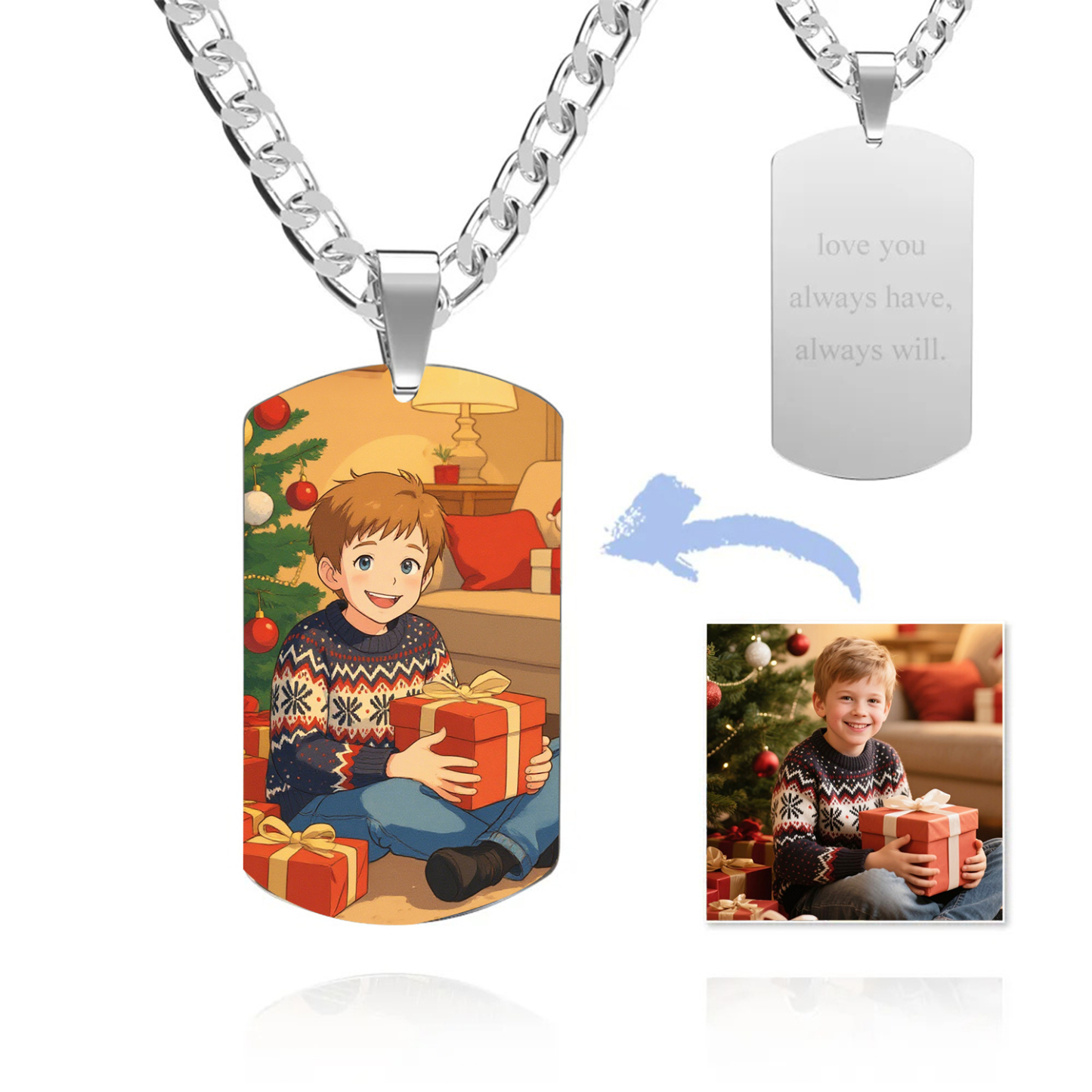 Photo Tag Necklace Gibli Style Personalized Photo Custom Engraving Stainless Steel Necklace for Christmas