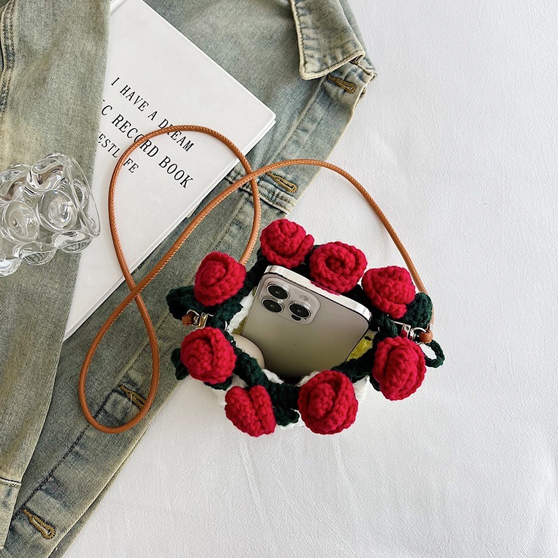 Hand-Knitted Rose Top Mini Shoulder Bag Cute Crocheted Drawstring Purse Floral Crochet Mini Bag Handmade Rose Detail Crossbody Purse - aiprintlab