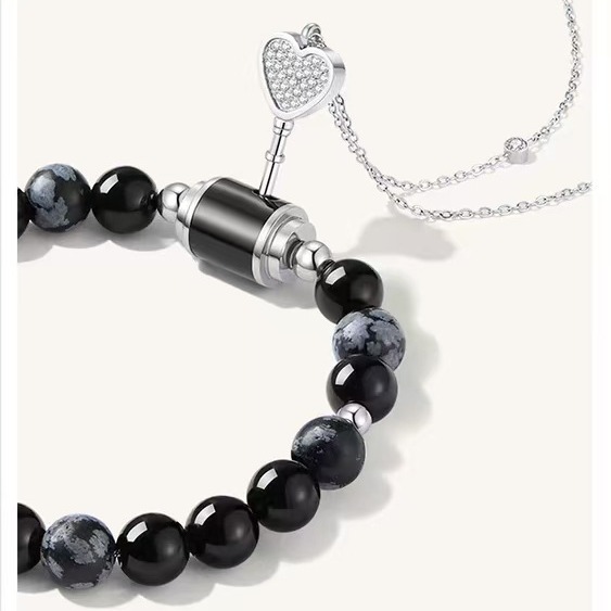 "One Lock for Love" Matching Crystal Bracelet & Key Necklace Set Natural Agate Bracelet with Key Necklace for Couples - aiprintlab