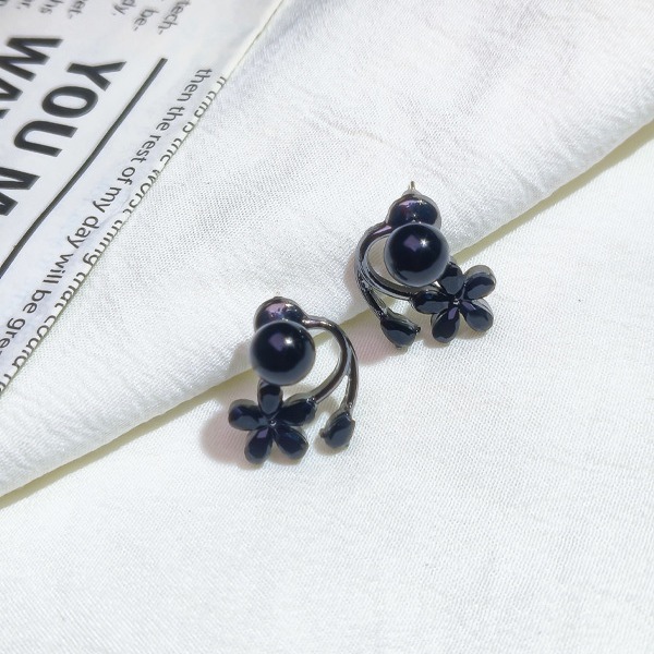 Black Pearl & Flower Ear Jacket Earrings, Modern Floral Stud Earrings Two-Way Floral Earring Jackets, Black Pearl Stud & Crystal Flower Design - aiprintlab
