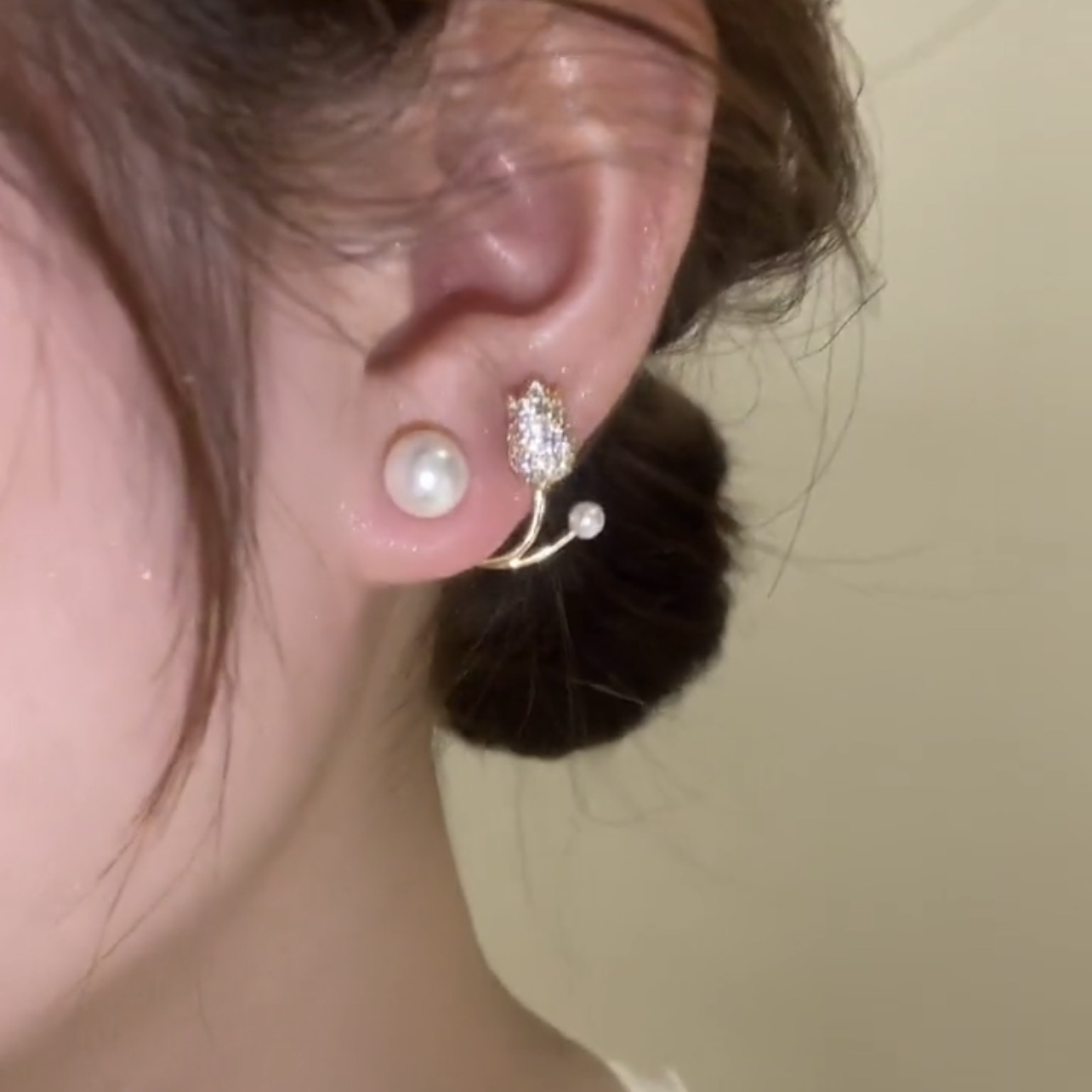 Elegant Tulip Ear Jacket Earrings, Floral Pearl & Rhinestone Studs, Two-Way Flower Ear Cuffs - aiprintlab