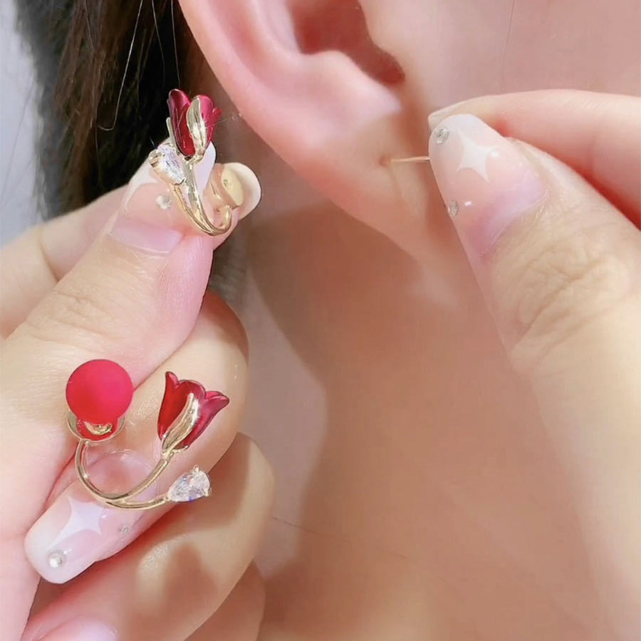 Elegant Tulip Ear Jacket Earrings, Floral Pearl & Rhinestone Studs, Two-Way Flower Ear Cuffs - aiprintlab