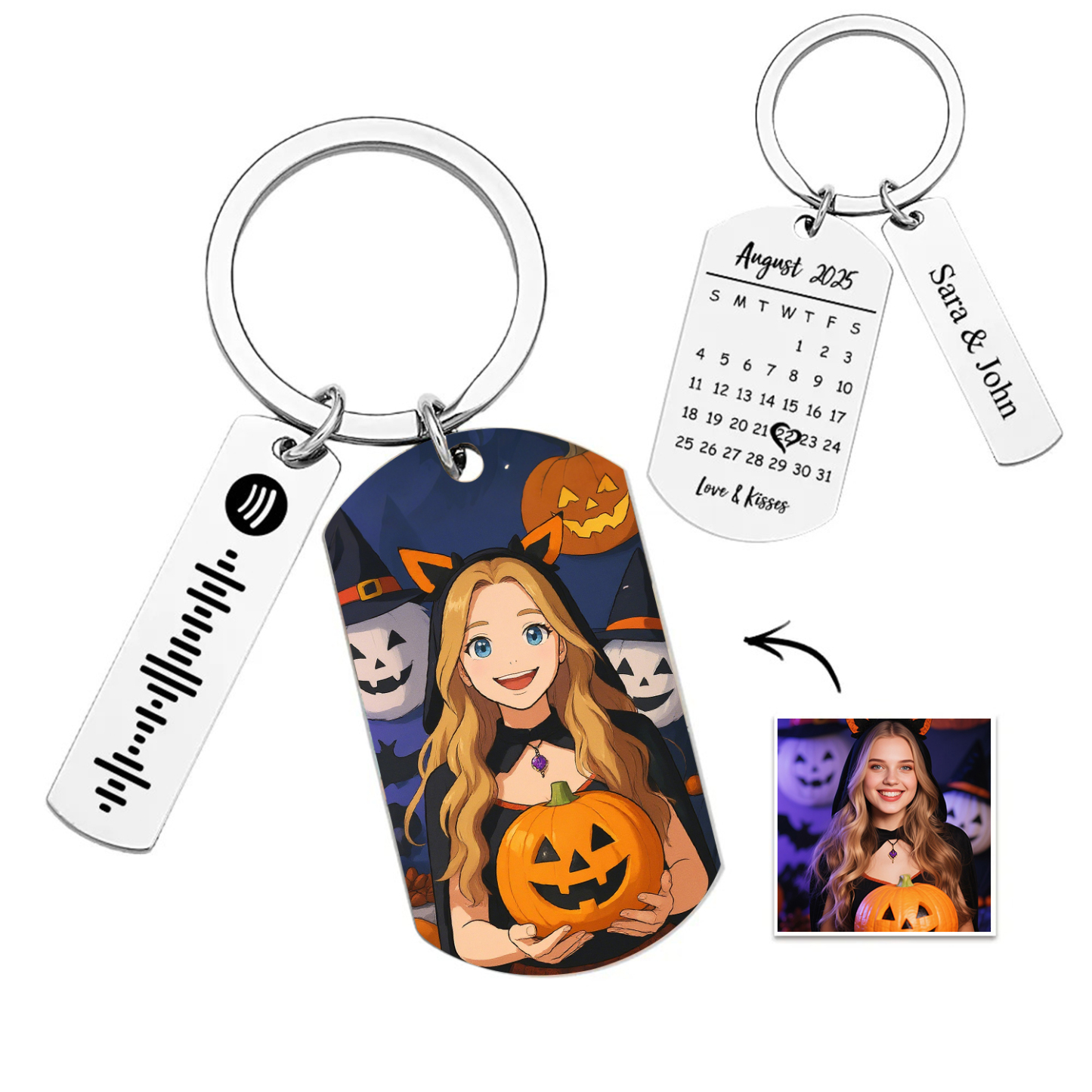 Personalized Spotify Calendar Keychain Gibli Style Custom Picture & Music Song Code Photo Keyring Best Gifts for Halloween