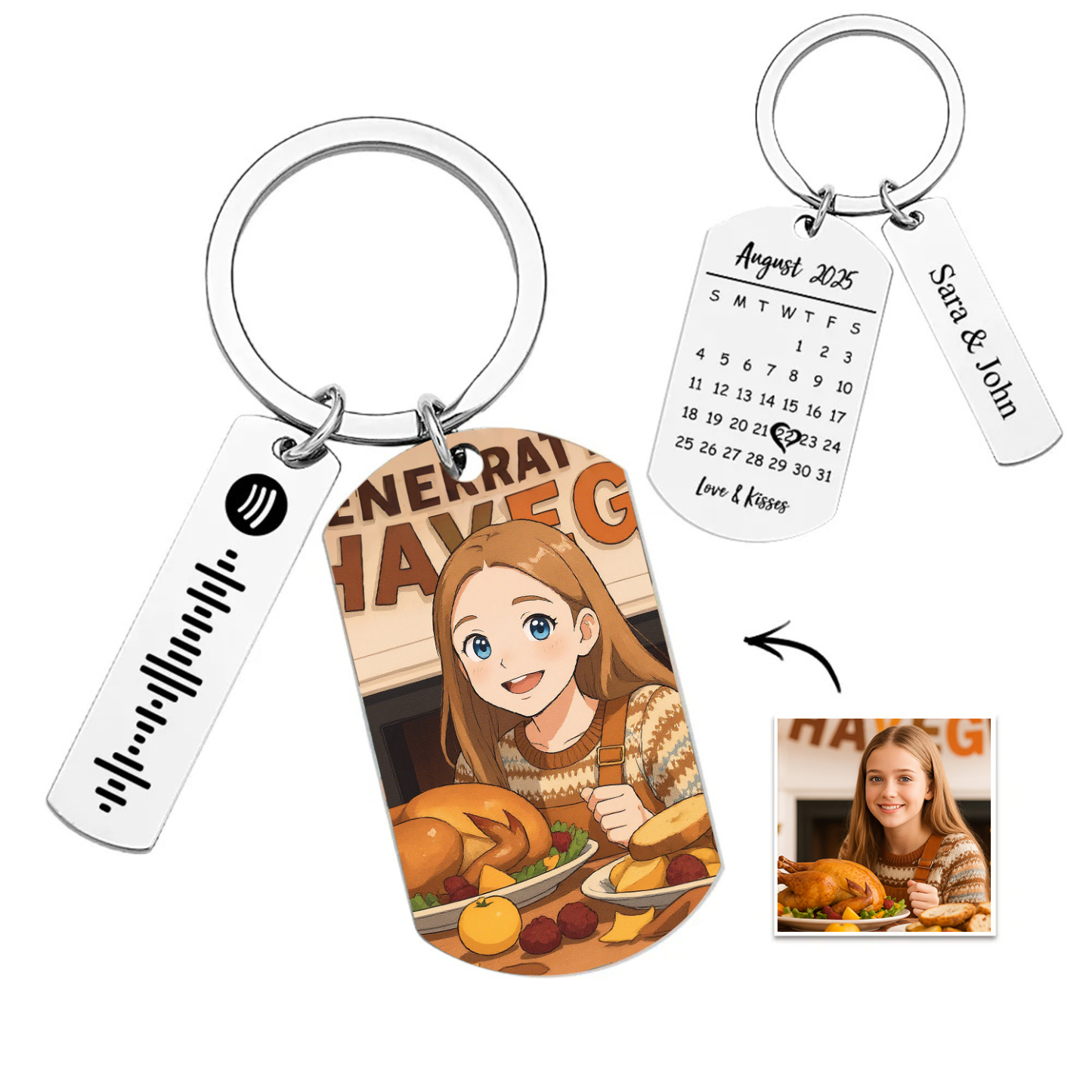 Personalized Spotify Calendar Keychain Gibli Style Custom Picture & Music Song Code Photo Keyring Best Gifts for Thanksgiving