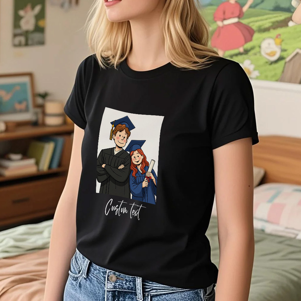 Personalized Anime Portrait Tshirt with Custom Text Cartoon Style Drawing Shirt Gift for Graduation from Photo, Custom Gibli Art