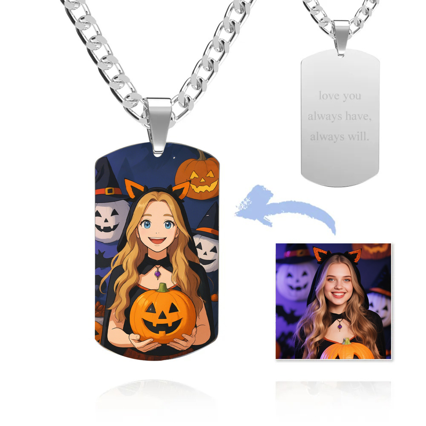Photo Tag Necklace Gibli Style Personalized Photo Custom Engraving Stainless Steel Necklace for Halloween