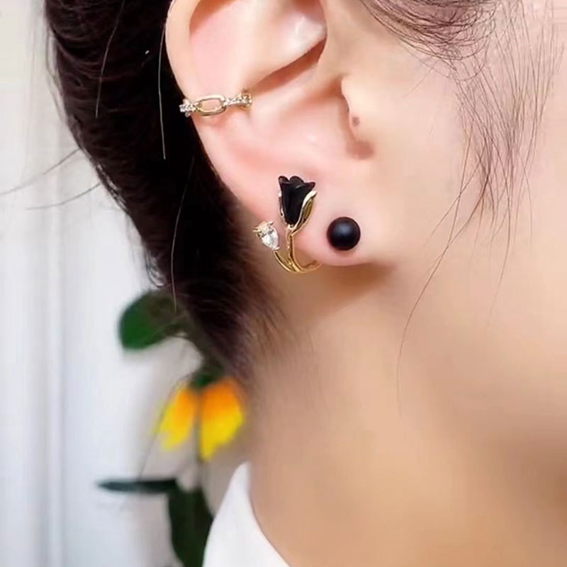 Elegant Tulip Ear Jacket Earrings, Floral Pearl & Rhinestone Studs, Two-Way Flower Ear Cuffs - aiprintlab