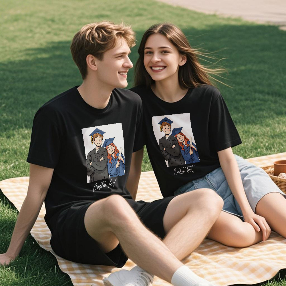 Personalized Anime Portrait Tshirt with Custom Text Cartoon Style Drawing Shirt Gift for Graduation from Photo, Custom Gibli Art