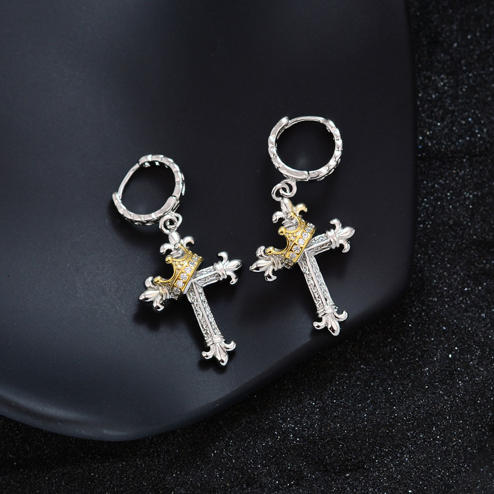 Rotating Crown Cross Dangle Earrings Majestic Cross Drop Earrings Crown Embellished & Rotatable - aiprintlab