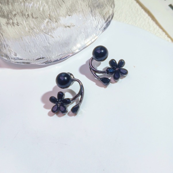 Black Pearl & Flower Ear Jacket Earrings, Modern Floral Stud Earrings Two-Way Floral Earring Jackets, Black Pearl Stud & Crystal Flower Design - aiprintlab