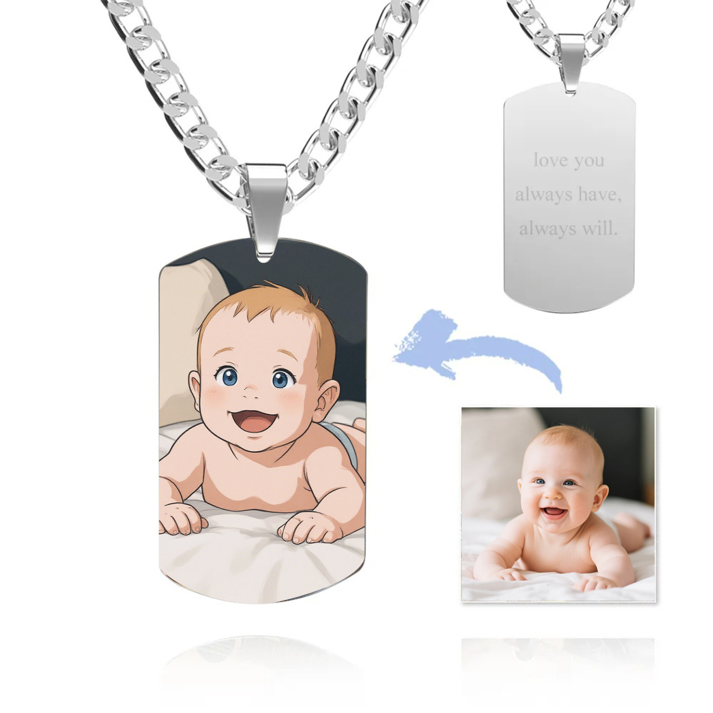 Photo Tag Necklace Gibli Style Personalized Photo Custom Engraving Stainless Steel Necklace for Baby
