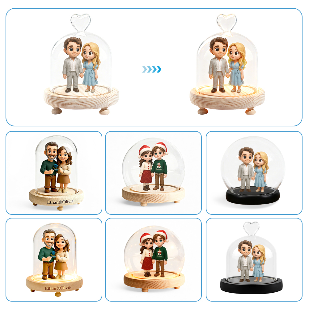Valentine's Day gift Custom 3D Action Figure Night Lamp Engraved Base from Your Photo Glass Display Dome Personalized  Unique Gift for Boyfriend, Girlfriend or Anniversary - aiprintlab