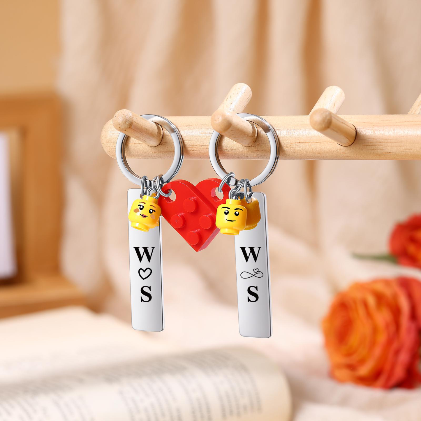 Personalized Building Block Heart KeychainCustom Engraved Couple Keychain Set Stamped Heart Puzzle Keychain Valentine's Day Gifts - aiprintlab
