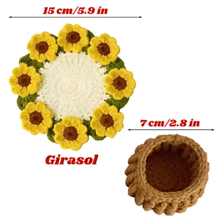 Handmade Crochet Sunflower Coaster Set 2-in-1 Crochet Sunflower Coaster and Bouquet Decorative Gift Practical and Fun Sunflower Coaster Set Multi-Use Home Accessory - aiprintlab