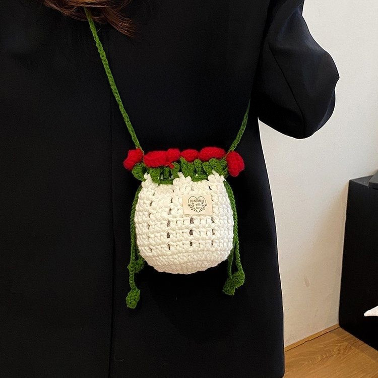 Hand-Knitted Rose Design Mini Bucket Bag Crocheted Flower Drawstring Bag Cute Crocheted Rose Bucket Bag - aiprintlab