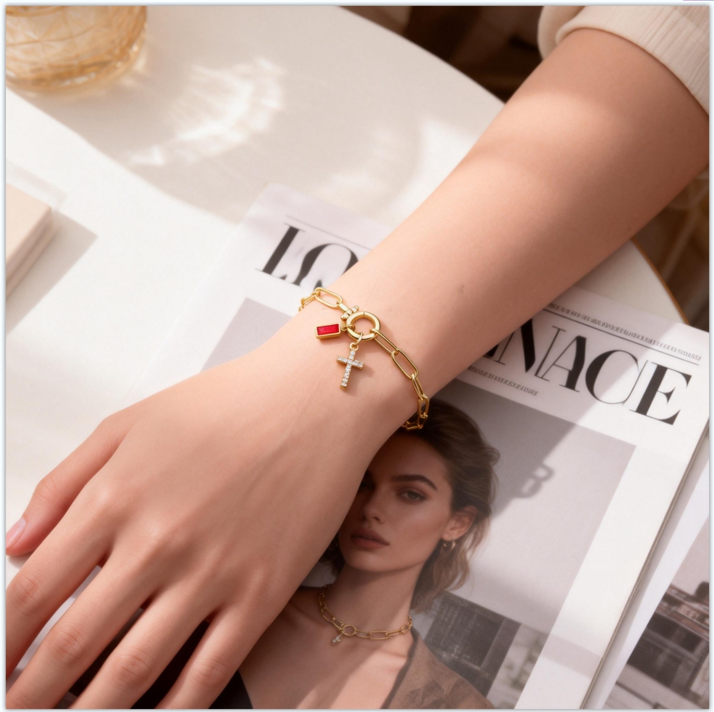 Paperclip Birthstone Cross Pendant Bracelet Custom Paperclip Chain Cross Bracelet with Birthstone – Detachable Pendant Personalized Jewelry for Women - aiprintlab